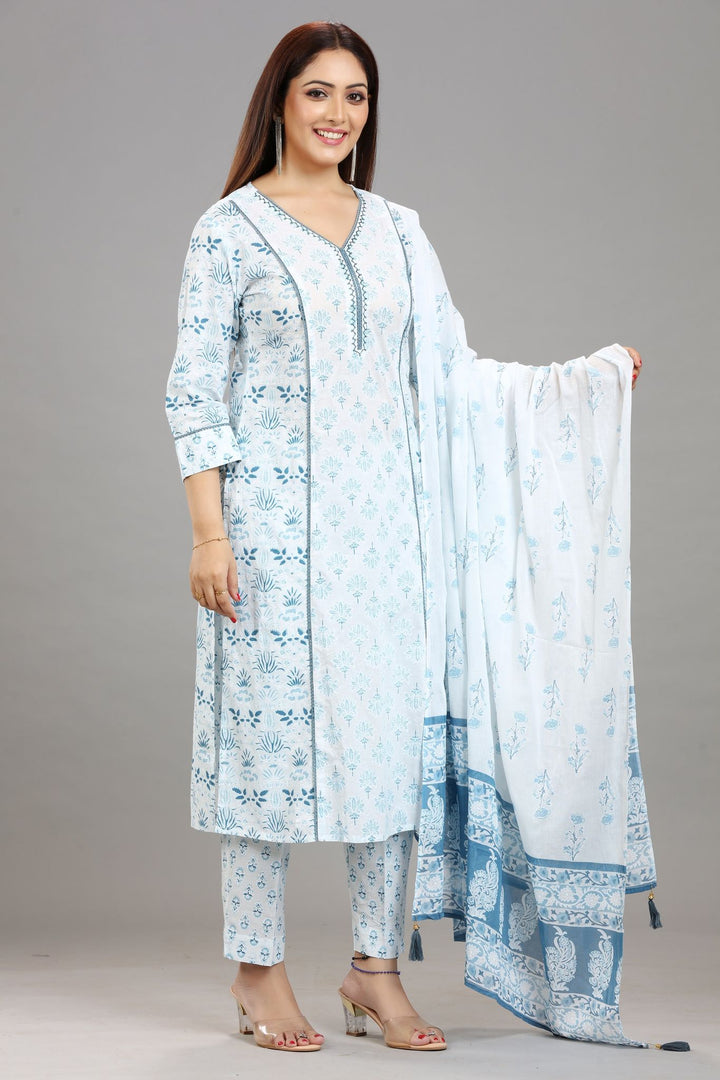 White Jaipuri Cotton A Line Printed Kurta Pant Suit Set