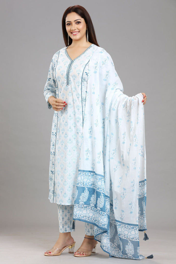 White Jaipuri Cotton A Line Printed Kurta Pant Suit Set