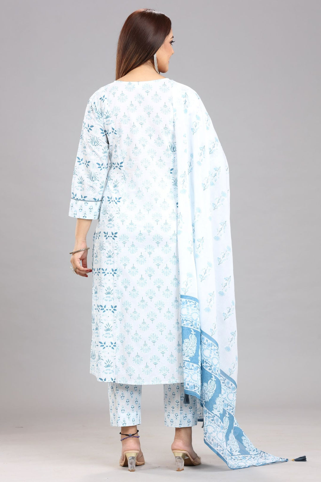 White Jaipuri Cotton A Line Printed Kurta Pant Suit Set