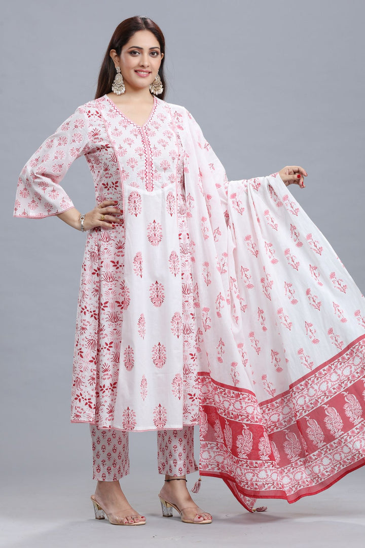 White Jaipuri Cotton A Line Printed Kurta Pant Suit Set