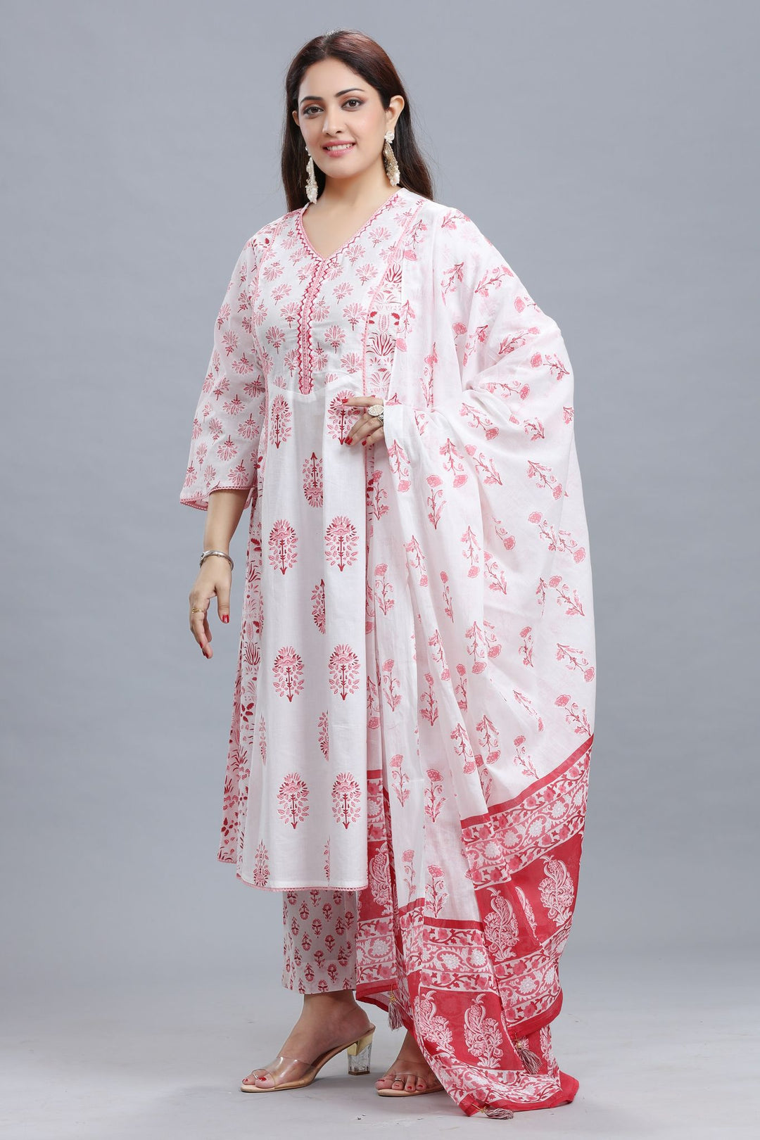 White Jaipuri Cotton A Line Printed Kurta Pant Suit Set