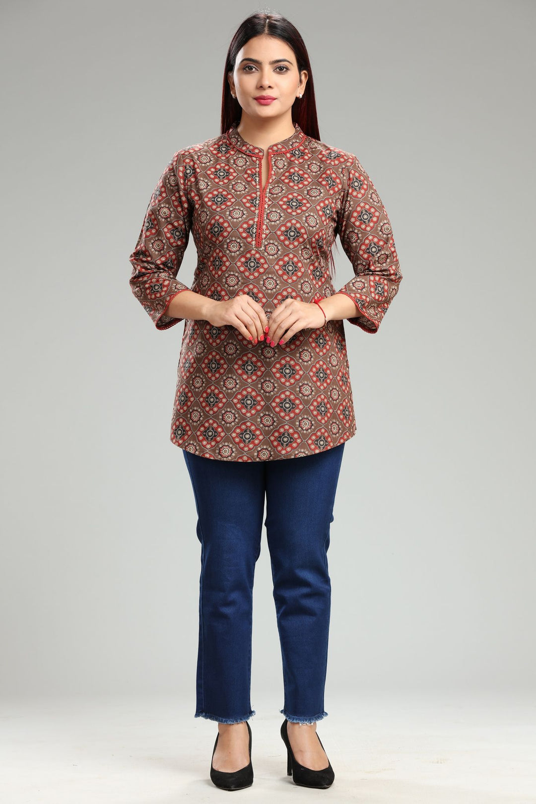 Brown Jaipuri Cotton Short Printed Kurta