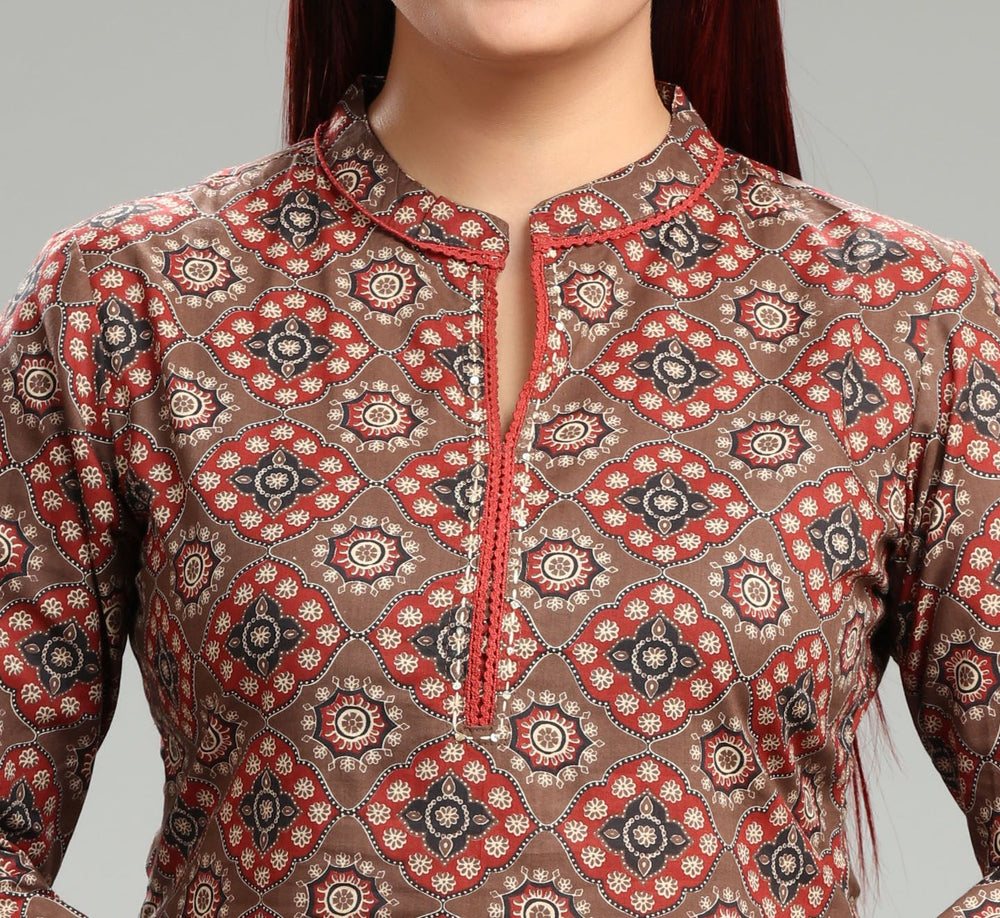 Brown Jaipuri Cotton Short Printed Kurta