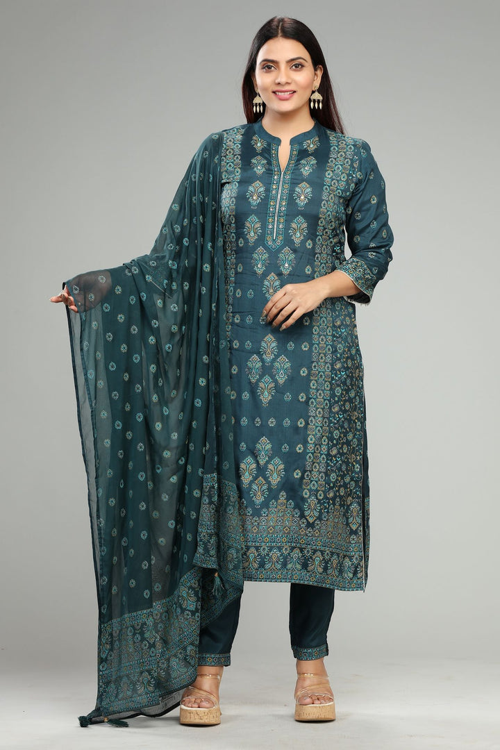 Bottle Green Santoon Printed Kurta Pant Suit Sets