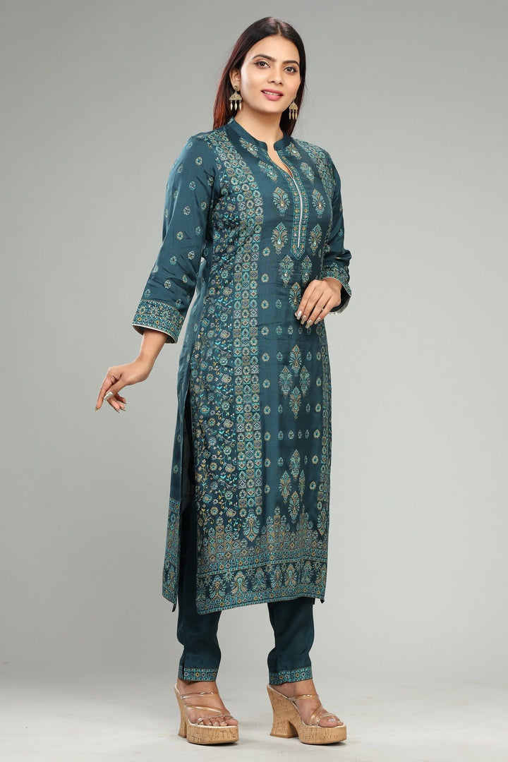 Bottle Green Santoon Printed Kurta Pant Suit Sets