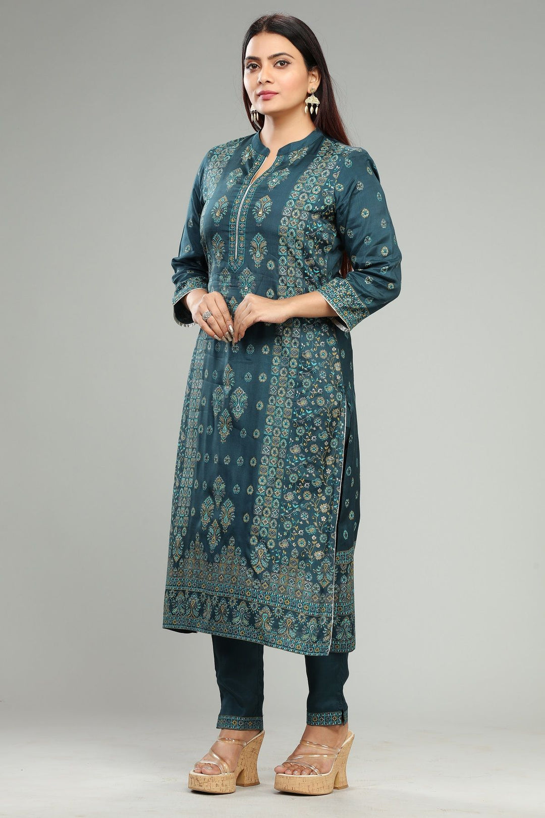 Bottle Green Santoon Printed Kurta Pant Suit Sets