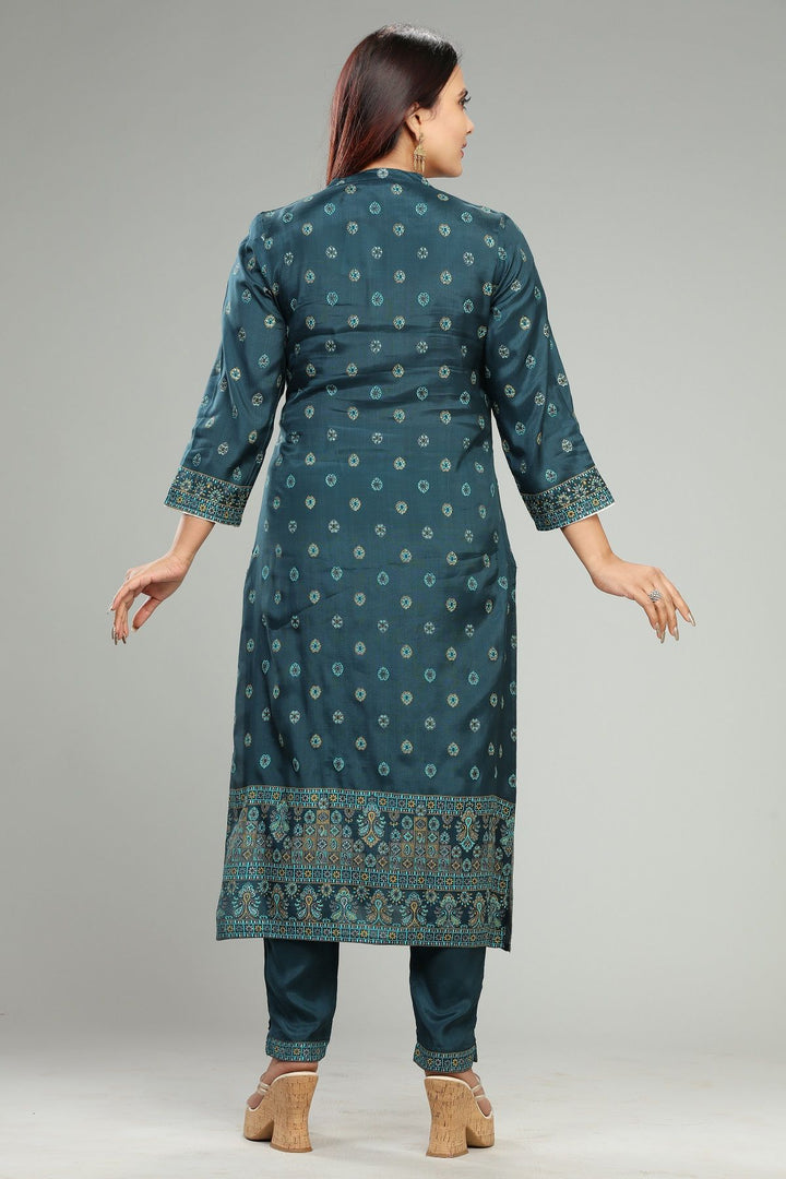 Bottle Green Santoon Printed Kurta Pant Suit Sets