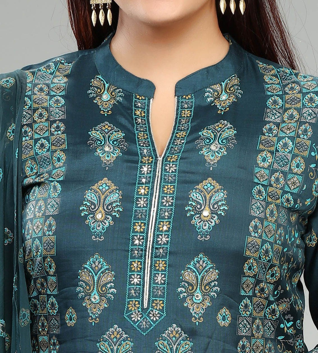 Bottle Green Santoon Printed Kurta Pant Suit Sets