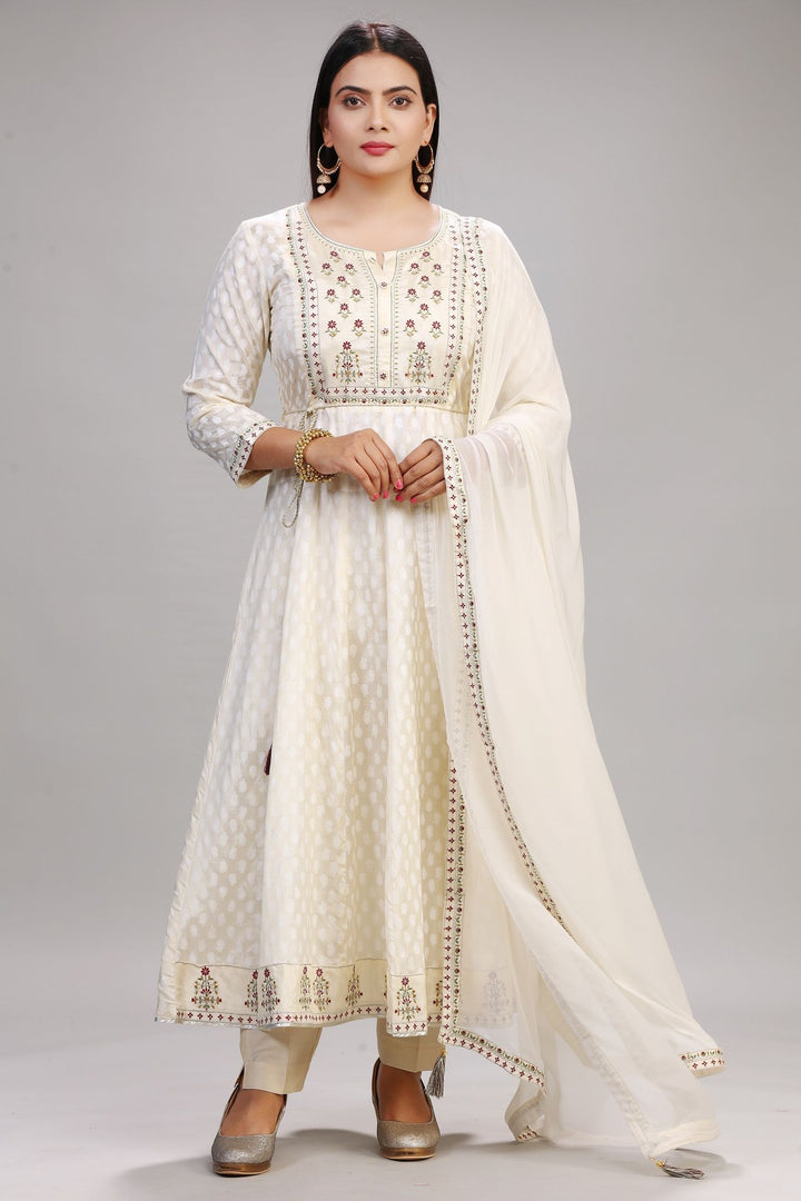 Cream Santoon Embroidered Anarkali Kurta Pant Suit Set