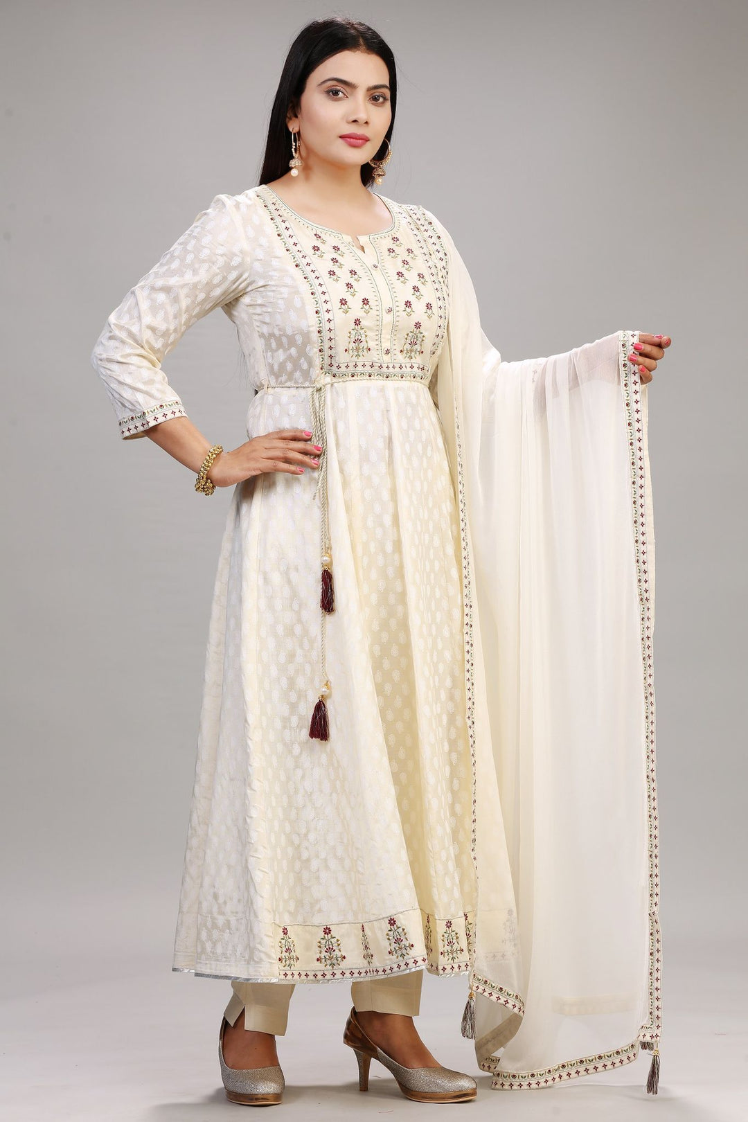 Cream Santoon Embroidered Anarkali Kurta Pant Suit Set