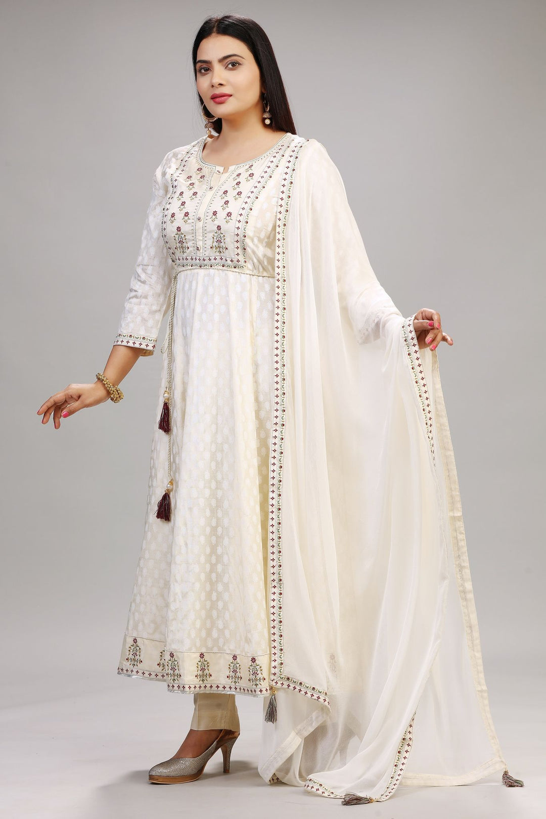 Cream Santoon Embroidered Anarkali Kurta Pant Suit Set