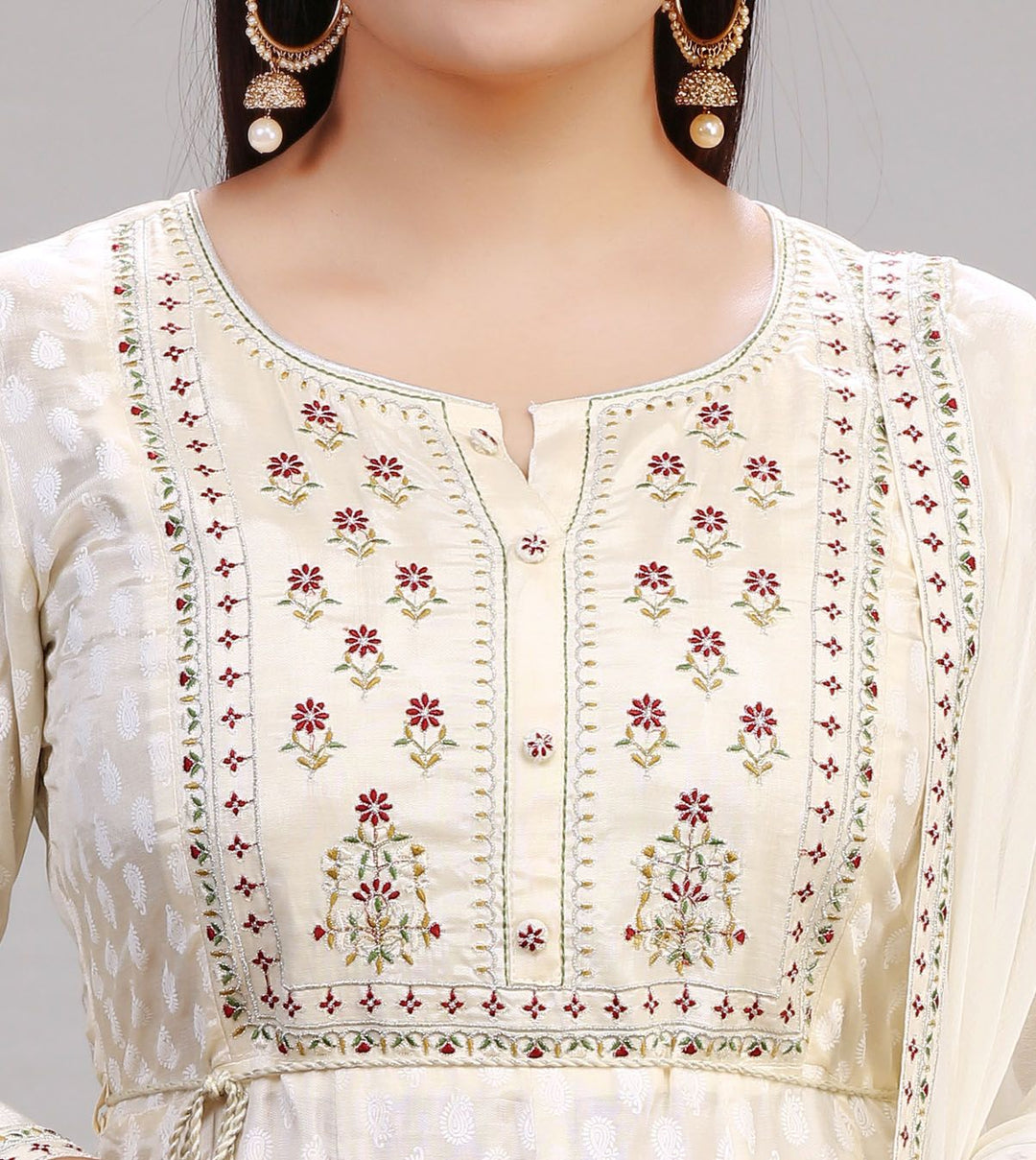 Cream Santoon Embroidered Anarkali Kurta Pant Suit Set