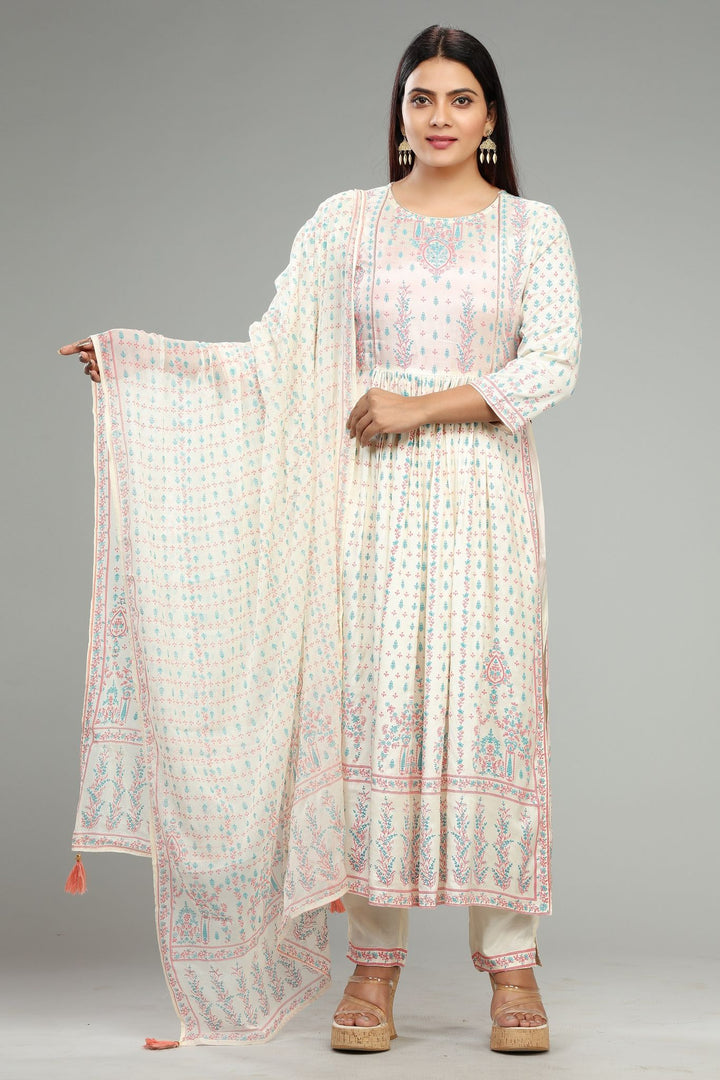 Cream Santoon Printed Anarkali Kurta Pant Suit Set