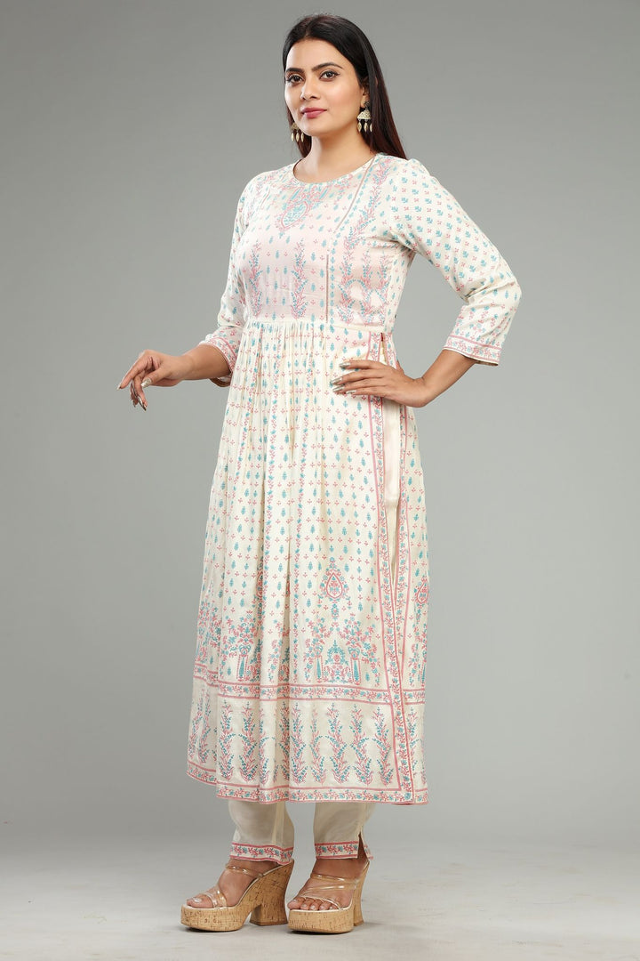 Cream Santoon Printed Anarkali Kurta Pant Suit Set