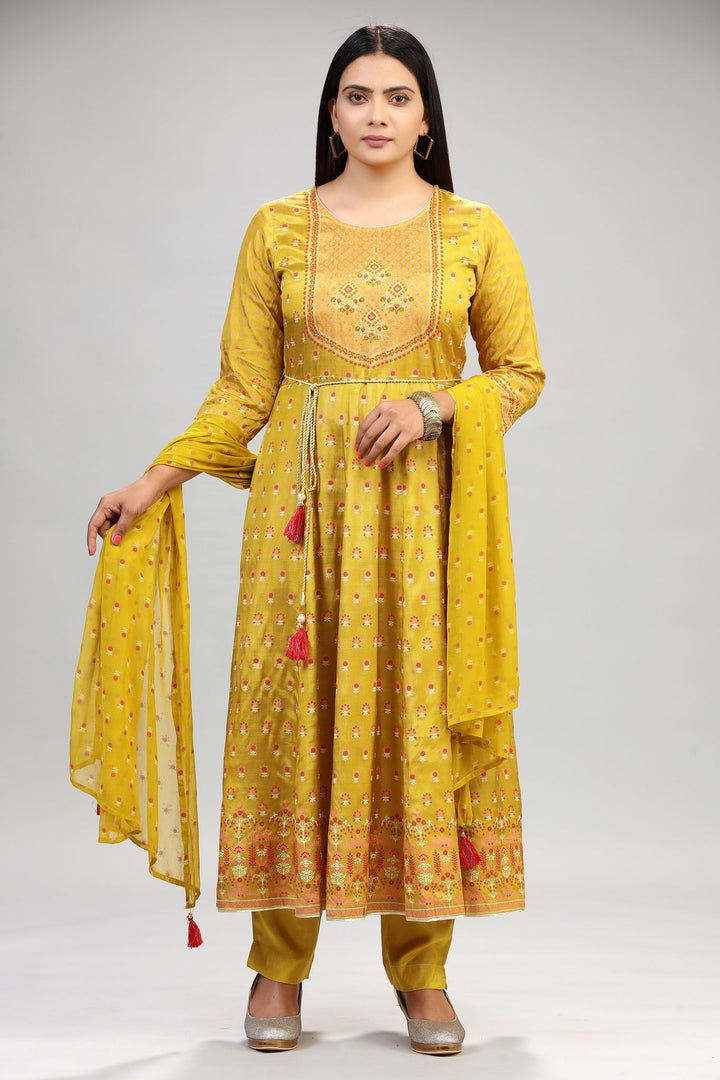 Mustard Santoon Embroidered Anarkali Kurta Pant Suit Set