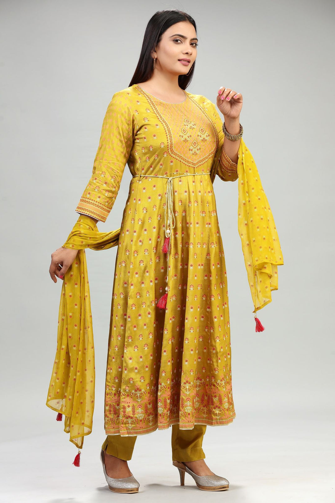 Mustard Santoon Embroidered Anarkali Kurta Pant Suit Set