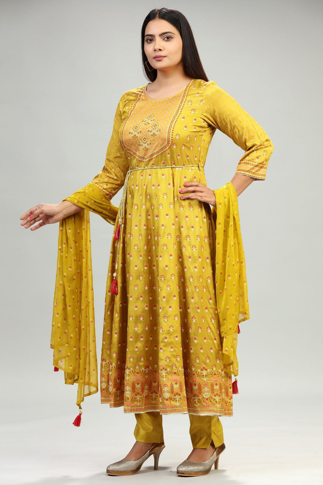 Mustard Santoon Embroidered Anarkali Kurta Pant Suit Set