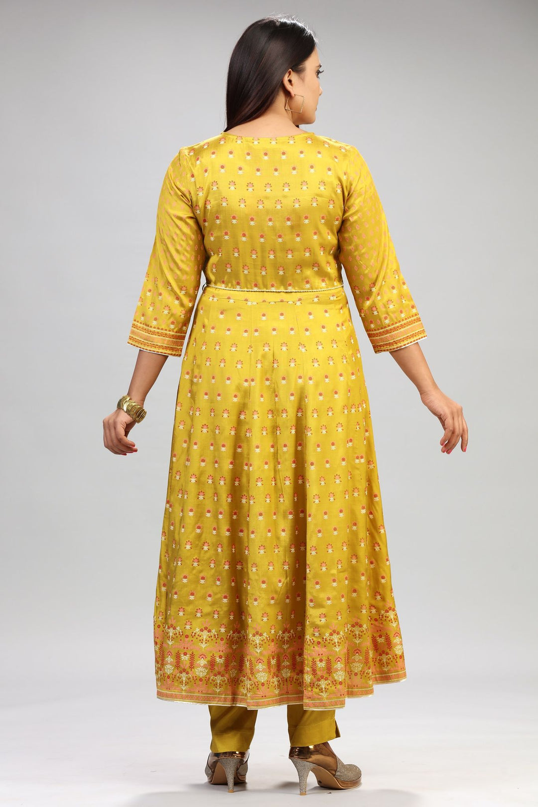 Mustard Santoon Embroidered Anarkali Kurta Pant Suit Set