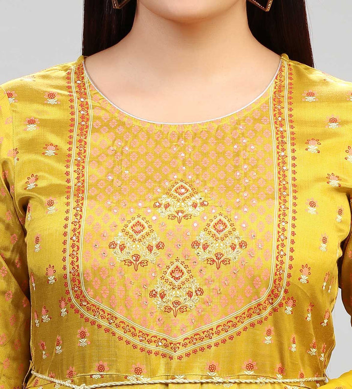 Mustard Santoon Embroidered Anarkali Kurta Pant Suit Set