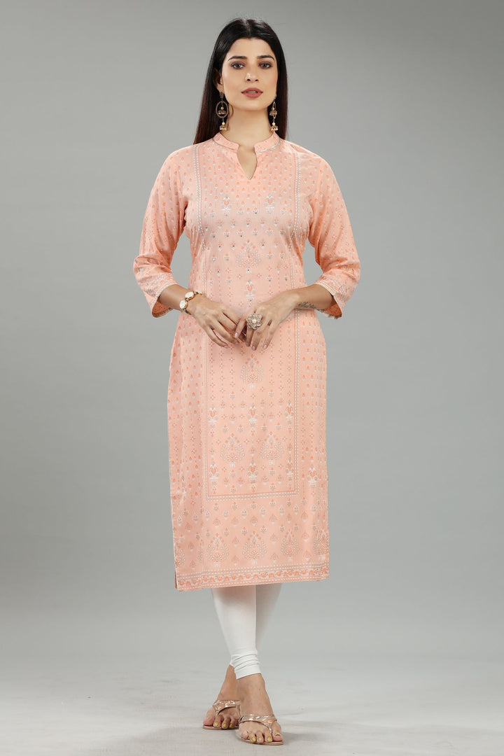 Peach Cotton Straight Printed Kurta