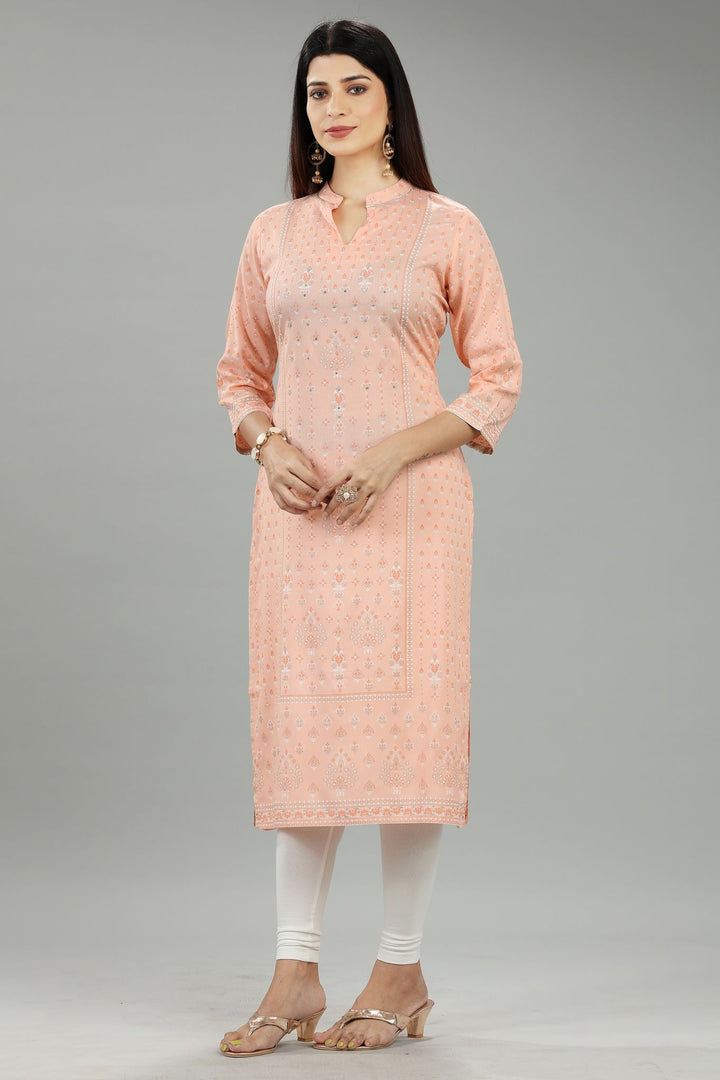 Peach Cotton Straight Printed Kurta