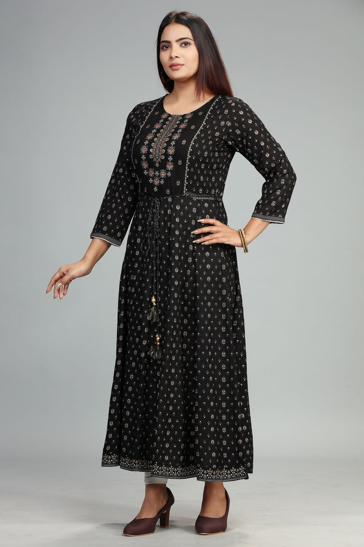 Black Rayon Anarkali Embroidered Kurta