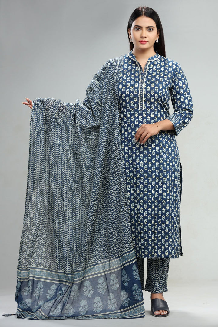 Navy Blue Jaipuri Cotton Straight Printed Kurta Pant Suit Set