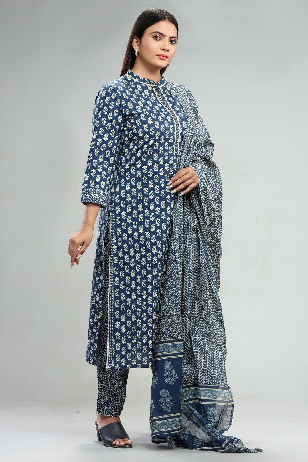 Navy Blue Jaipuri Cotton Straight Printed Kurta Pant Suit Set