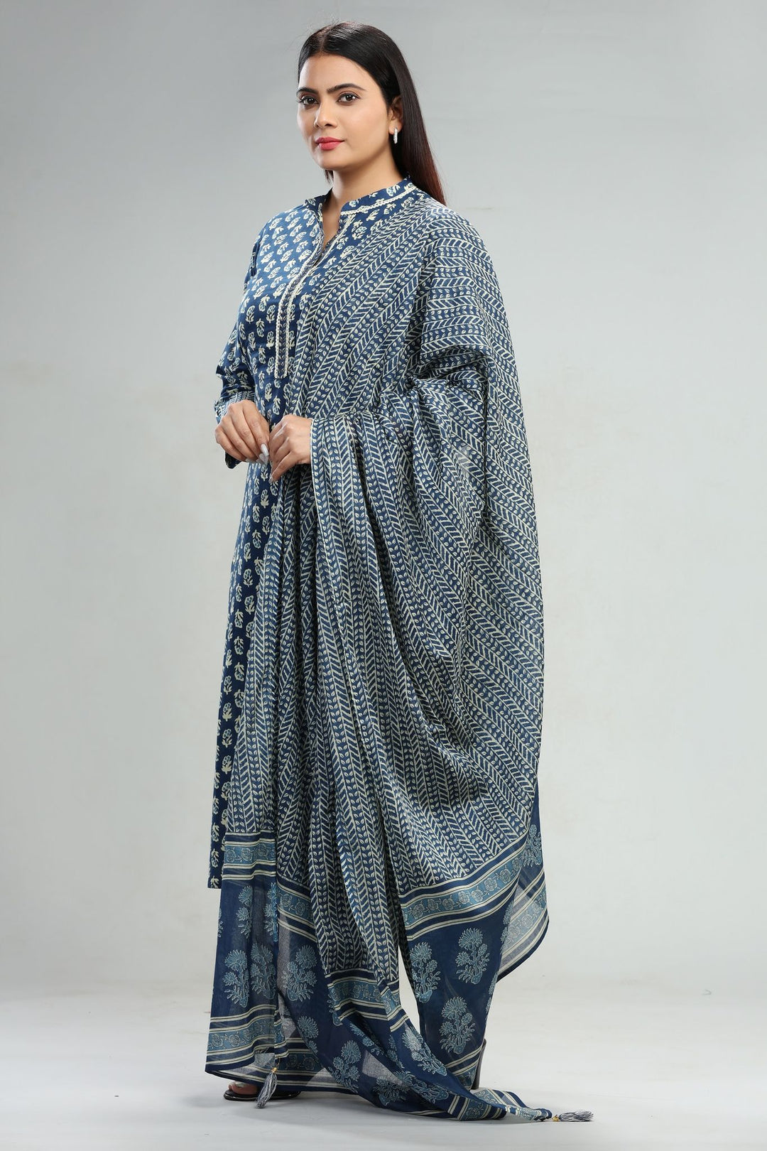 Navy Blue Jaipuri Cotton Straight Printed Kurta Pant Suit Set