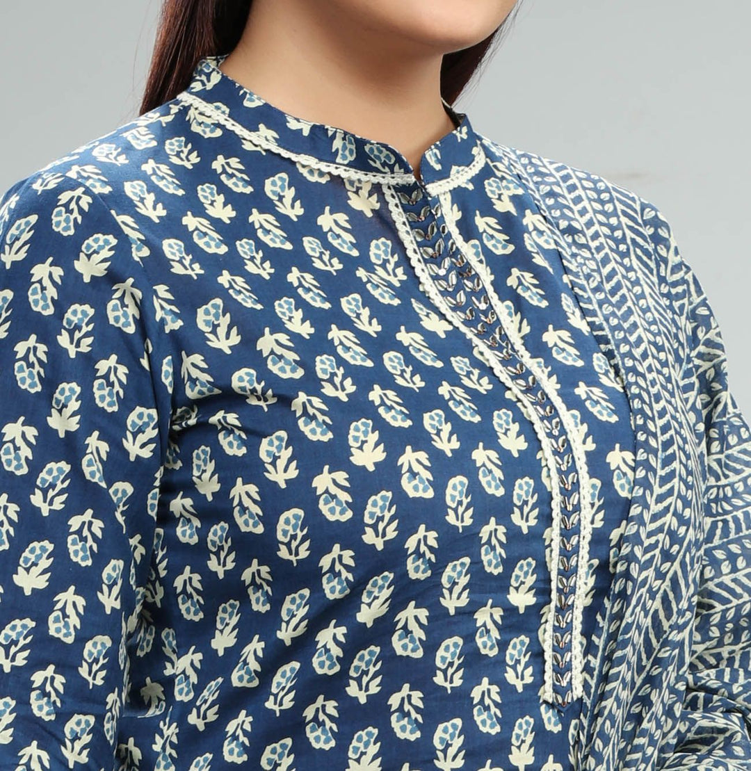 Navy Blue Jaipuri Cotton Straight Printed Kurta Pant Suit Set