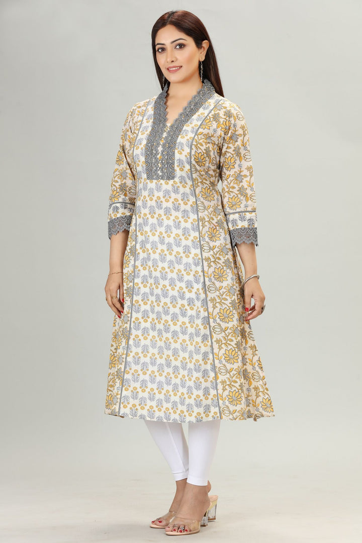 Mustard & White Cotton Straight Floral Printed Kurta