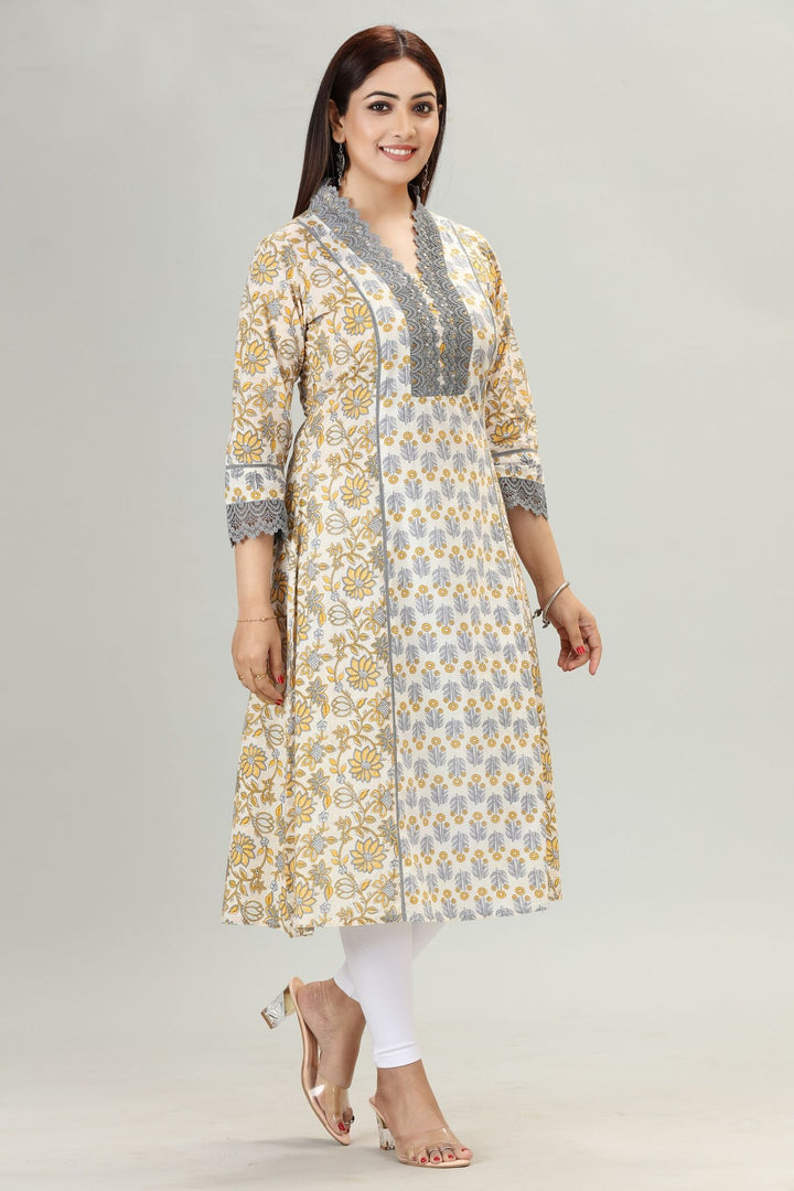 Mustard & White Cotton Straight Floral Printed Kurta