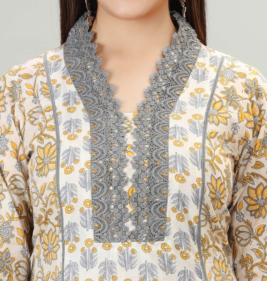 Mustard & White Cotton Straight Floral Printed Kurta