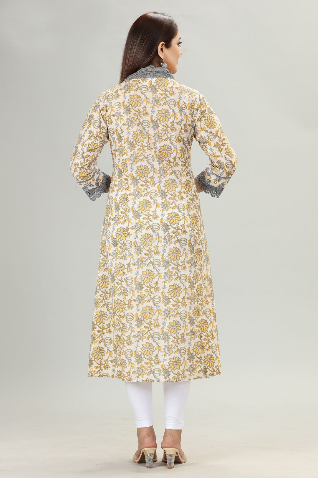 Mustard & White Cotton Straight Floral Printed Kurta