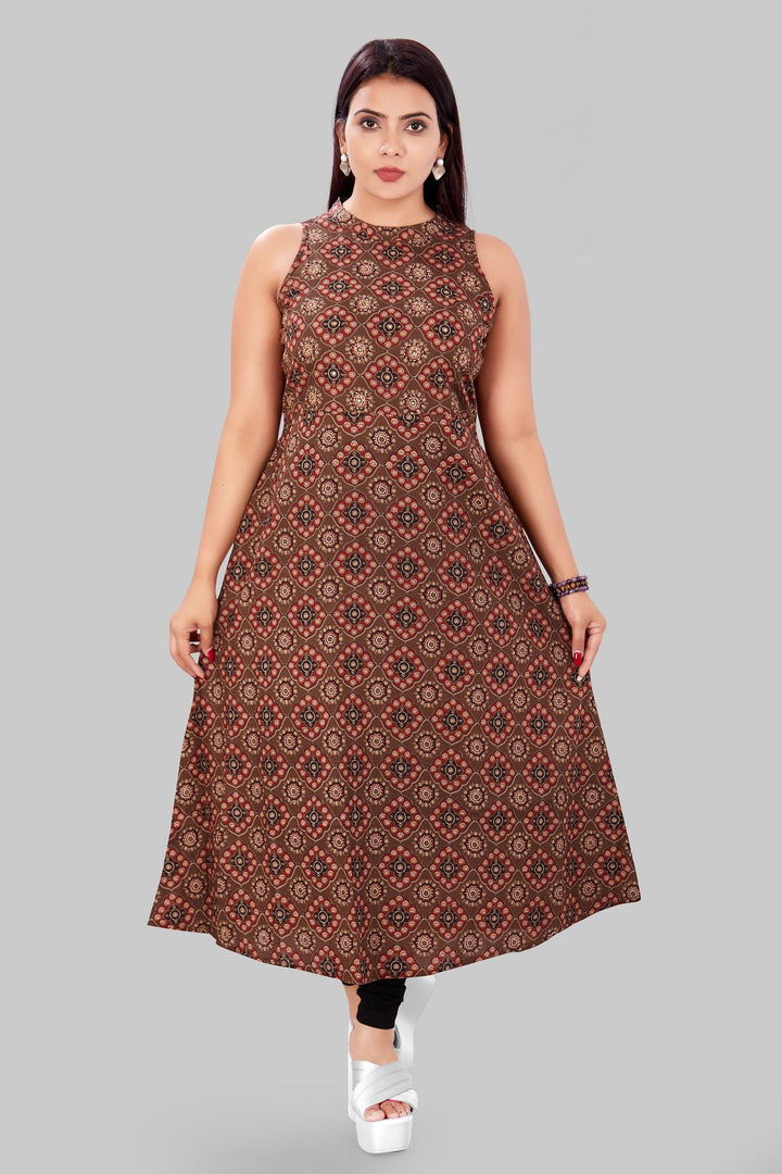 Brown Rayon A Line Sleeveless Printed Kurta