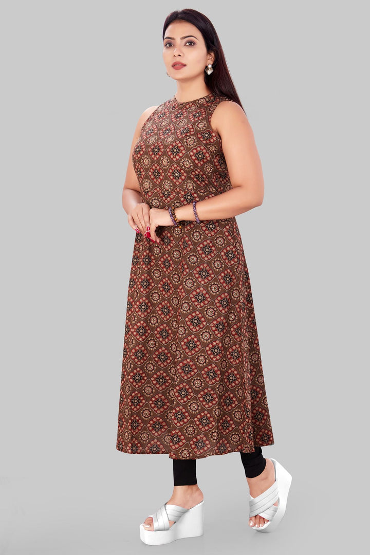 Brown Rayon A Line Sleeveless Printed Kurta