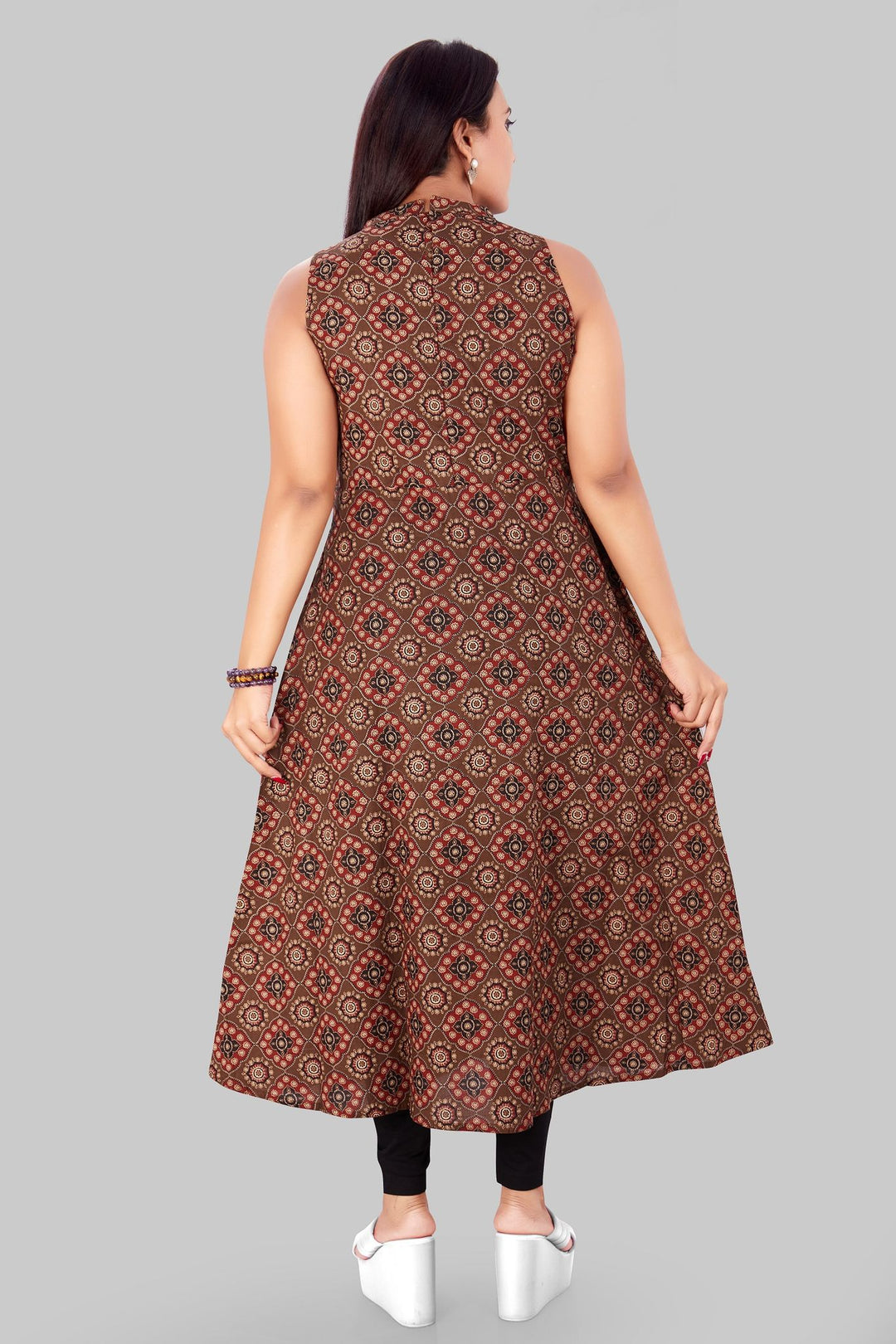 Brown Rayon A Line Sleeveless Printed Kurta