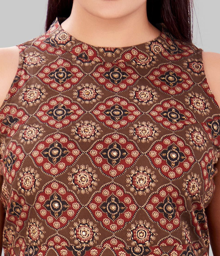 Brown Rayon A Line Sleeveless Printed Kurta