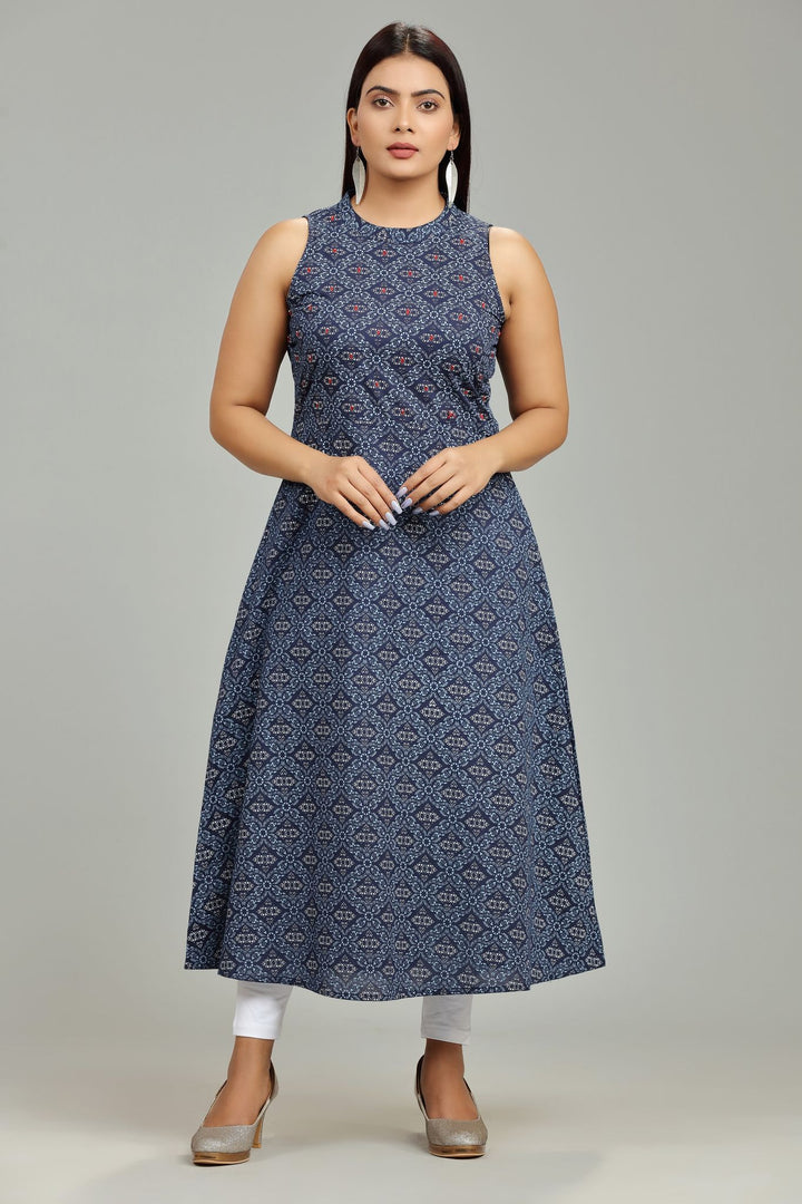 Navy Blue Cotton Printed Sleeveless Kurta