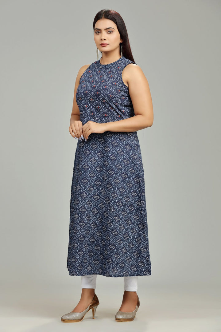 Navy Blue Cotton Printed Sleeveless Kurta