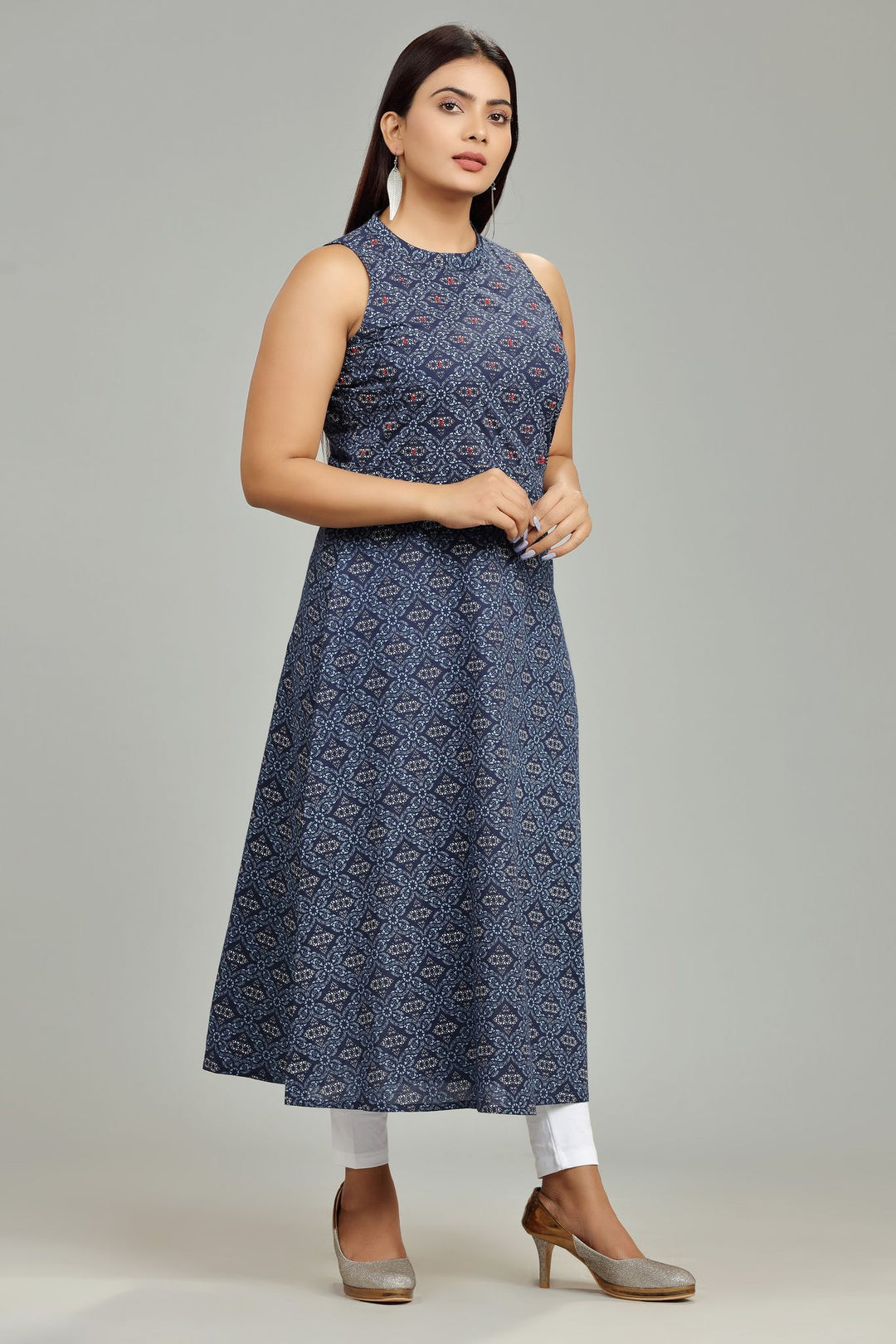 Navy Blue Cotton Printed Sleeveless Kurta