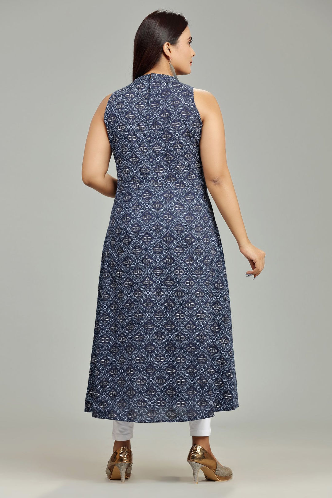 Navy Blue Cotton Printed Sleeveless Kurta