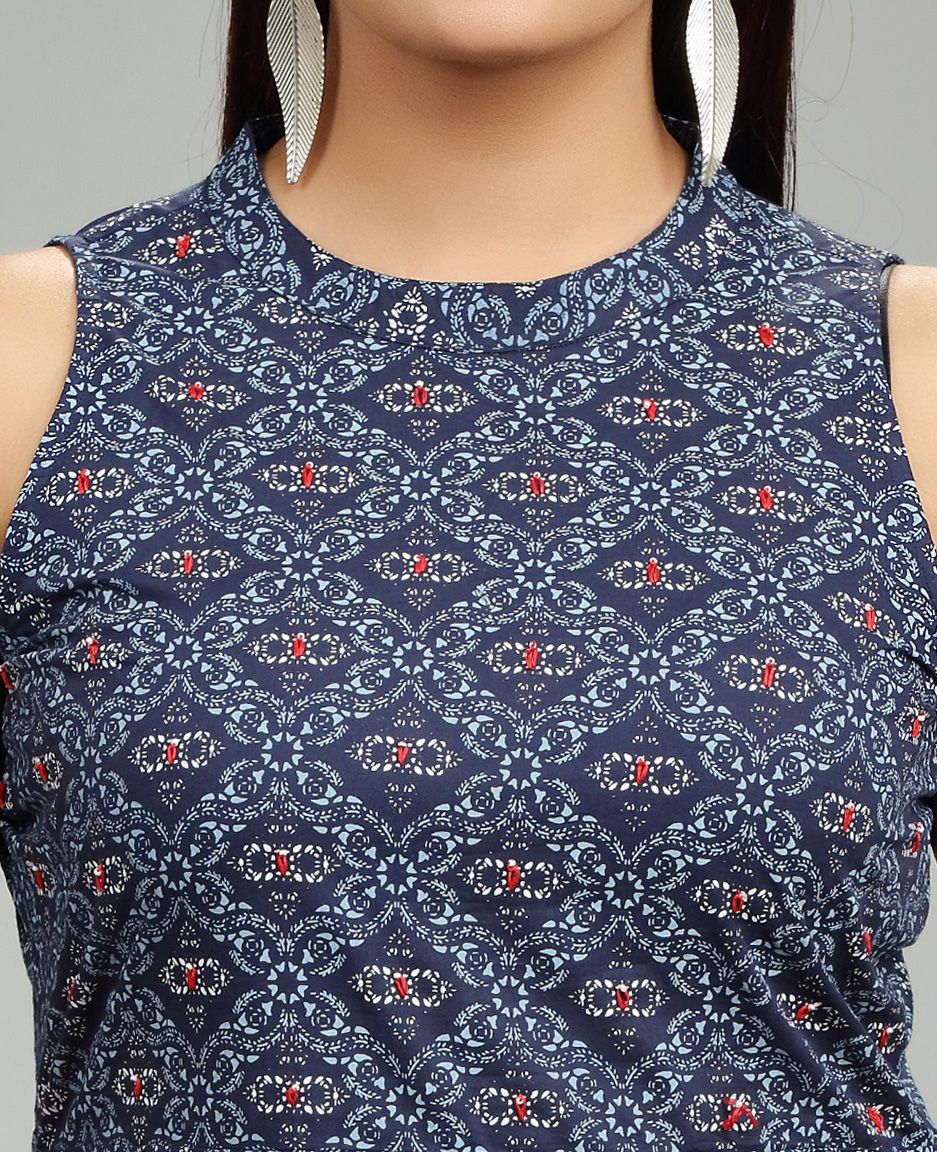 Navy Blue Cotton Printed Sleeveless Kurta