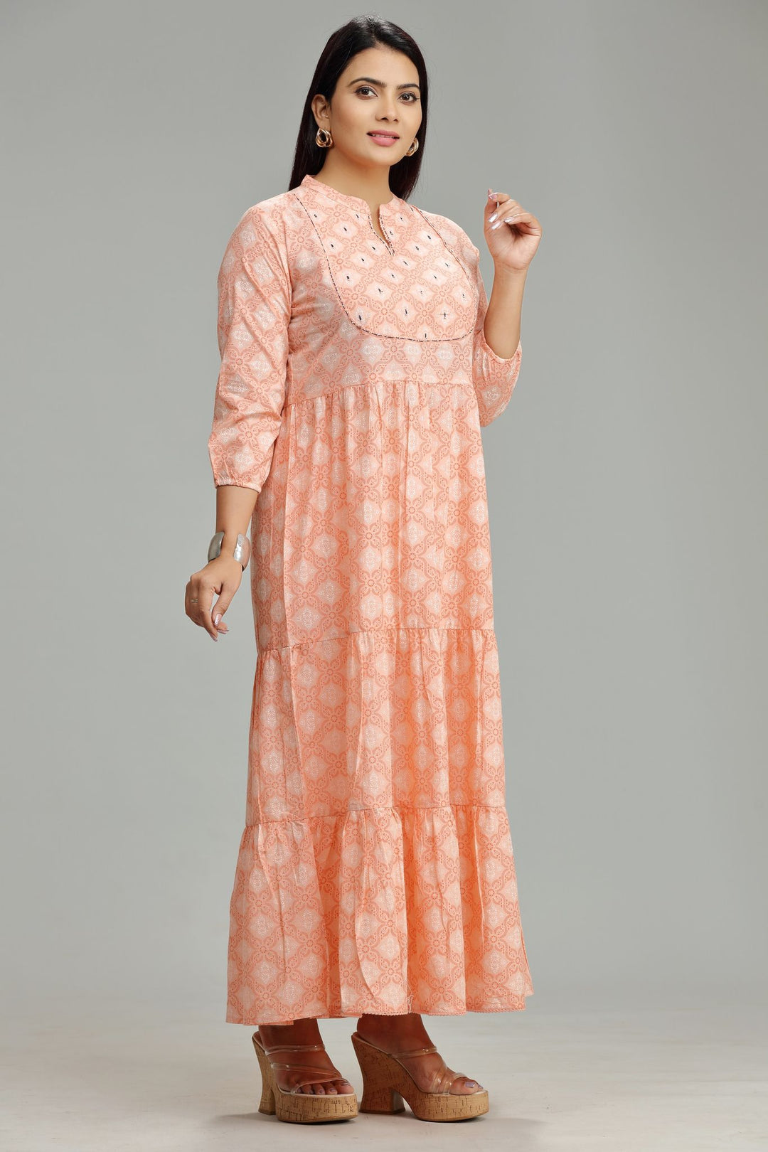 Light Orange Jaipuri Cotton Flared Printed Kurta