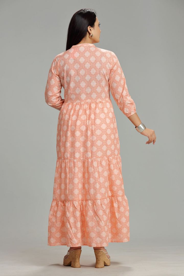 Light Orange Jaipuri Cotton Flared Printed Kurta