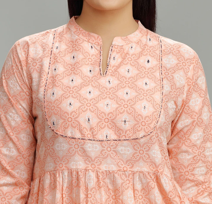 Light Orange Jaipuri Cotton Flared Printed Kurta