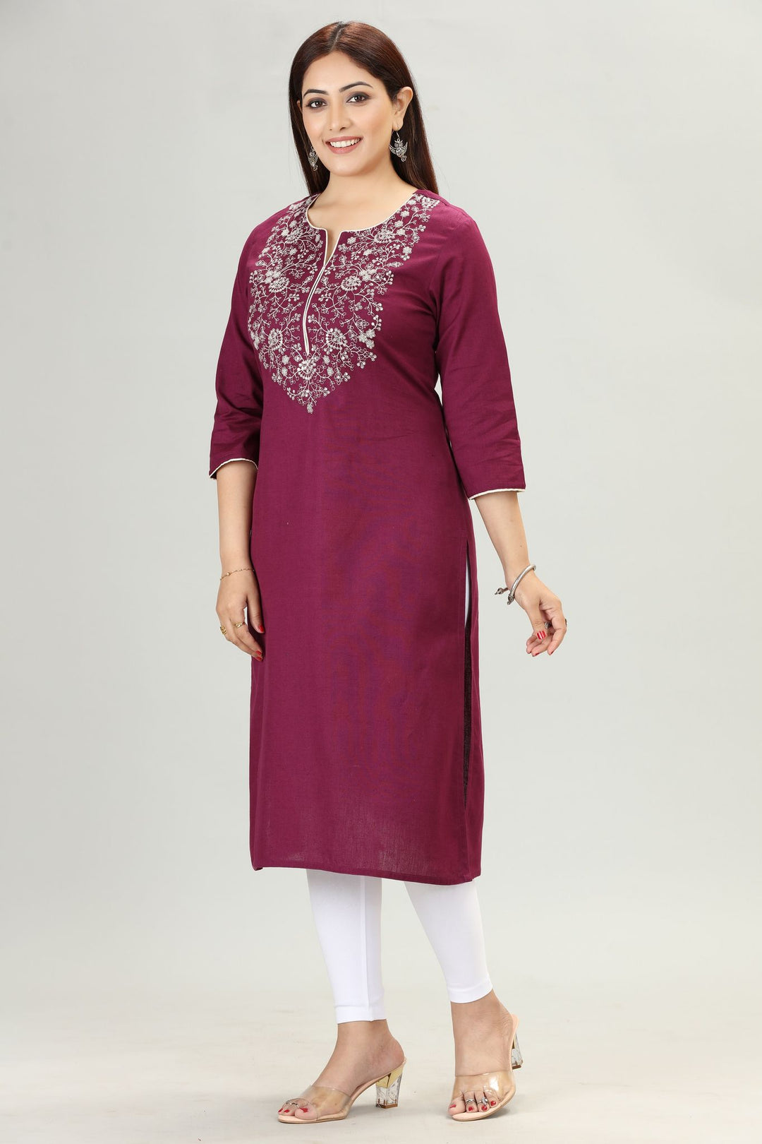 Purple Rayon Straight Embroidered Kurta