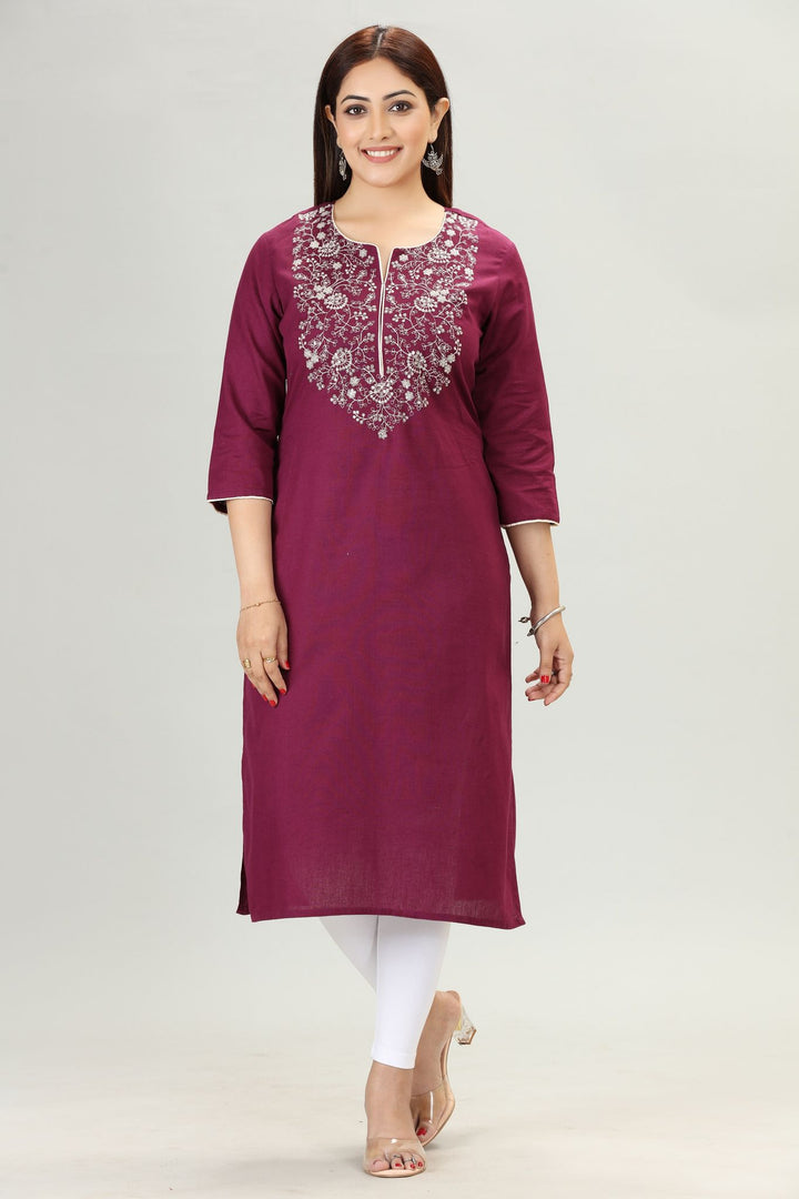 Purple Rayon Straight Embroidered Kurta