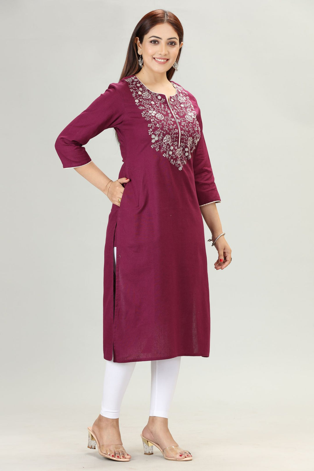 Purple Rayon Straight Embroidered Kurta