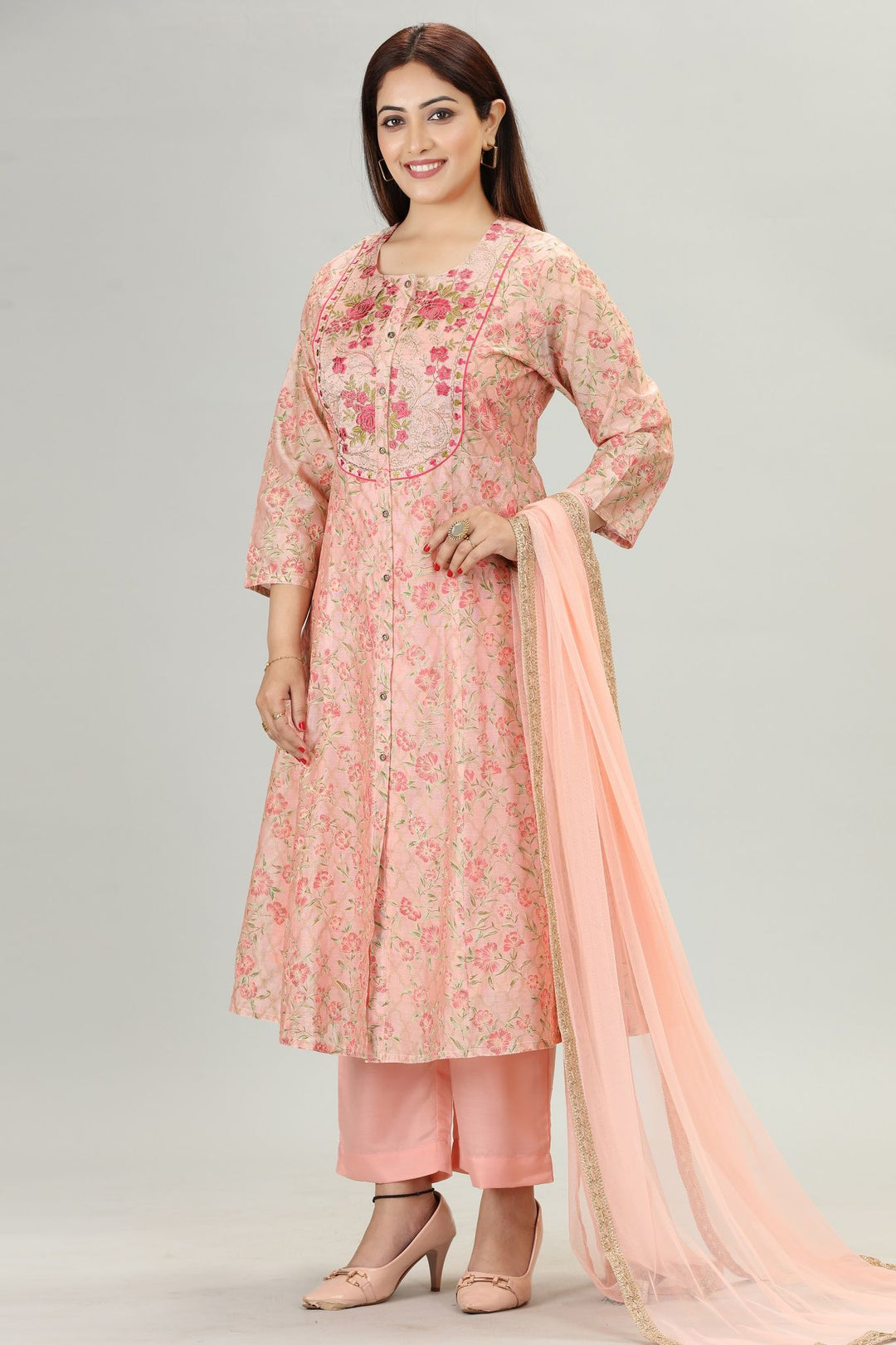 Peach Chanderi A Line Embroidered Kurta Pant Suit Set